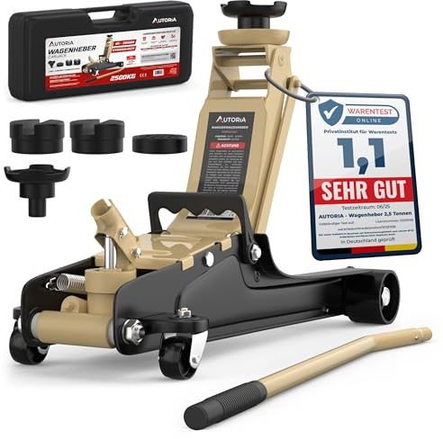 Domkraft 2,5T extra platt – hydraulisk domkraft med transportväska, 3 gummikuddar och adapter – bil domkraft för personbilar upp till 2 500 kg (beige)