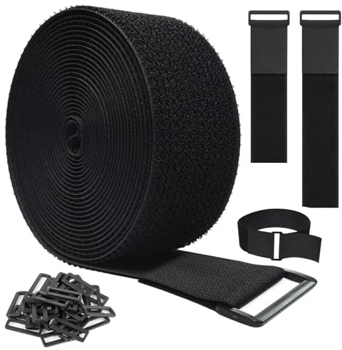38mm x 5m Hook and Loop Straps, Adjustable Cable Straps with 10 Buckles, Heavy Duty Cinch Strap, Black Reusable Fastening Cable Ties, for Securing Cables, Hoses, Pipes