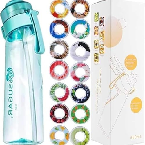 Générique Gourde de sport (650 ml) pour l'école, la gym et le fitness - Avec 7 dosettes aromatiques sans sucre et paille - Noire - Avec goût - Convient également pour les enfants (bleu)