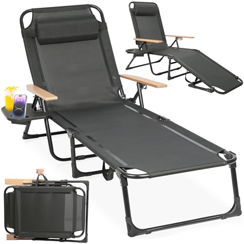 Sonnenliege klappbar 4-Fach Verstellbare Rückenlehne, Gartenliege Wetterfest, Leicht Strandliege Campingliege mit Kopfkissen & Holzarmlehnen, Liegestuhl für Balkon, Pool, Strand bis 150 kg (Schwarz)