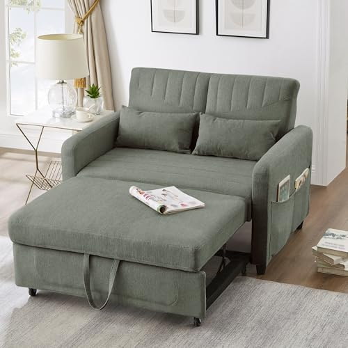 Merax Schlafsofa 2-Sitzer Sofa mit Schlaffunktion, Kleines Sofabett | 166x114 cm, Klappsofa 3-in-1 Schlafcouch Ausziehbar mit Verstellbarer Rückenlehne, Seitentaschen, Baumwoll-Leinen-Stoff, Armeegrün