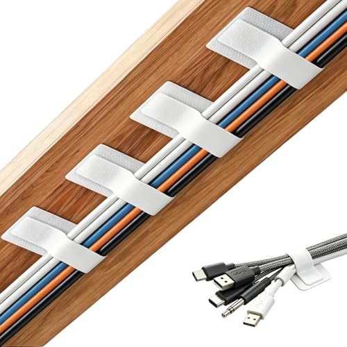 50 PCS White Self Adhesive Cable Clips, Adjustable Cable Ties, Under Desk Cable Tidy, Reusable Wire Organiser for PC Laptop TV Router Home & Office Cable Management