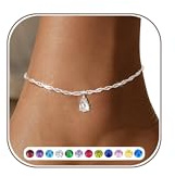 Astravia Birthstone Anklet for Women 925 Sterling Silver Anklet Bracelet with CZ Pendant in 12 Colours, Personalised Waterproof Adjustable Ankle Chain Jewellery Birthday Gift for Women & Girls
