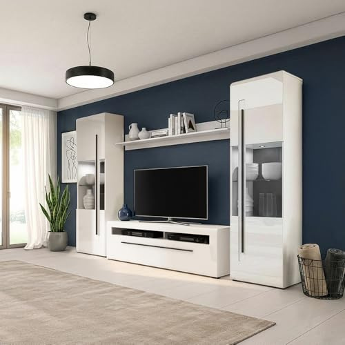 Lomadox Wohnwand in Weiß Hochglanz, 4-teilig mit 160 cm Lowboard, Wandboard & Vitrinen inkl. Beleuchtung - Anbauwand, Fernsehwand, Vitrinenschrank, Fernsehschrank, Fernsehtisch