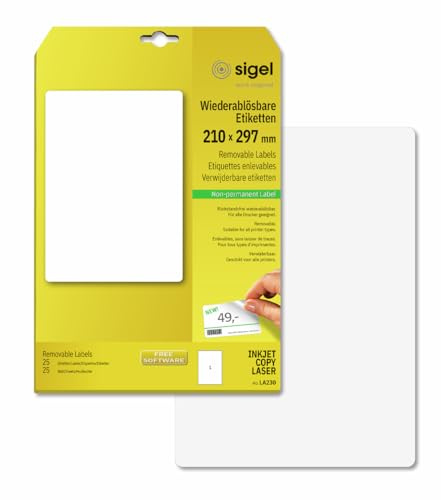 SIGEL Ablösbare Etiketten A4 210 x 297 mm 25 Etiketten | LA230, Vollformatetiketten mit abgerundeten Ecken