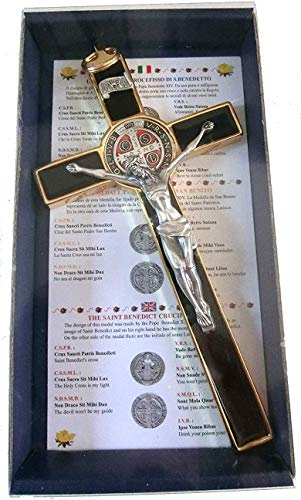 10.004.21 NERO CROCE CROCEFISSO ORO DORATO SAN BENEDETTO 20 CM SMALTATA A MANO CON SCATOLA BOX GIFT SAINT BENEDICT ESORCISMO PRETE ESORCISTA