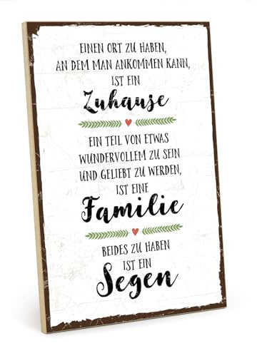 TypeStoff Holzschild mit Spruch – FAMILIE, ZUHAUSE, SEGEN – im Vintage-Look mit Zitat als Geschenk und Dekoration zum Thema Geborgenheit, Liebe und Freundschaft - HS-00263