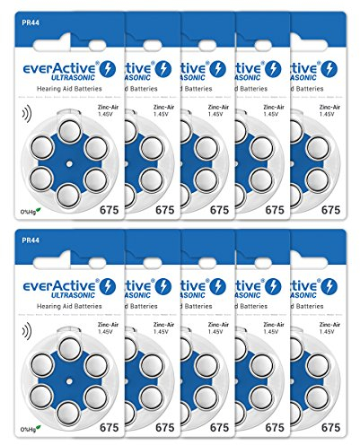 everActive Ultrasonic – Batterie per apparecchi acustici 675/PR44 – Zinco Air Batterie per apparecchi acustici – Lunga durata, ad alta densità di energia, senza mercurio – Scatola 60 pezzi.