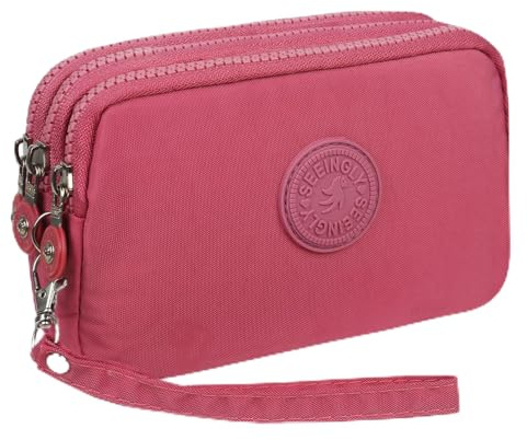 Btoon 3 Layer Zipper Nylon Wallets for Women Wristlet Bag Purse Waterproof Cell Phone Pouch Handbag (Watermelon red)