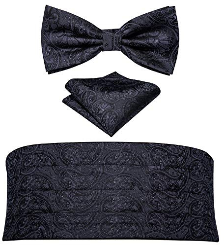 Barry.Wang Men Silk Paisley Cummerbund and Pre-tied Bowtie Handkerchief Cufflink Set for Tuxedo