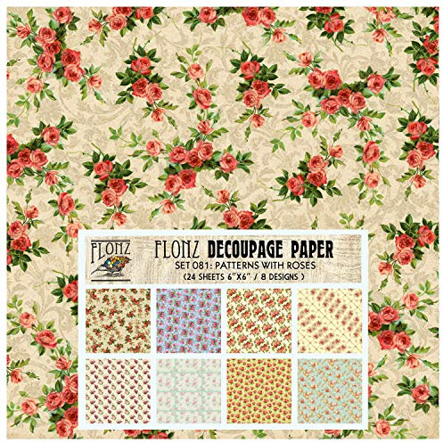 Decoupage-Papier Pack (24 Blatt 15,2 x 15,2 cm) Muster mit Rosen Flonz Vintage Stil Papier für Decoupage, Handwerk und Scrapbooking
