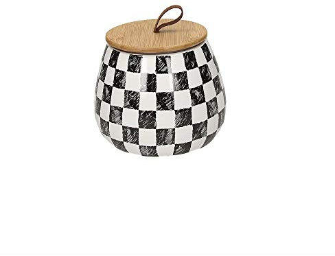 TOGNANA Vorratsdose Dolce Casa Prodotto Dama, CM14 X 12H, 900ml, Keramik, weiß mit tollem schwarzen Dekor und einem Bambusholz Deckel mit einer Lederschlaufe