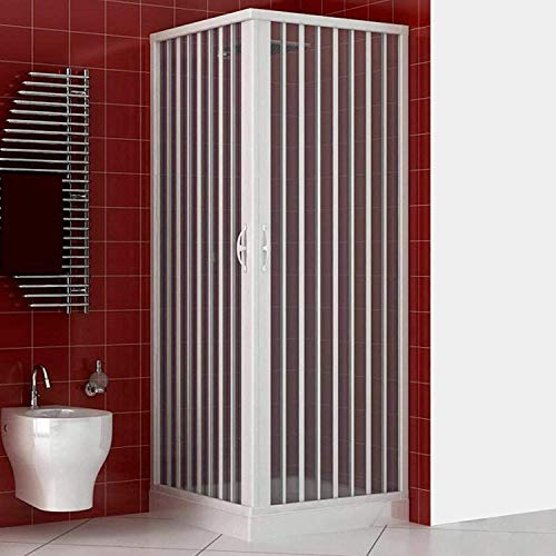Cabina de ducha de 70 x 90 x 185 cm, modelo Paola, de PVC, cabina con apertura angular, doble puerta de fuelle reducible, reversible, de color blanco.