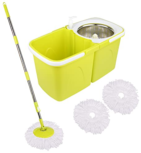 ARSUK Mocio e Secchio lavapavimenti doppia vasca - 2 impilabili secchio separati con 4 testine in microfibra e manico telescopico regolabile in altezza a 360° Rotante