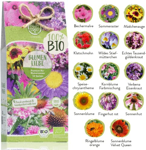Bio Blumen Samen Set – 14 Sorten samenfeste Bio Blumensamen – mit extra viel Blumen Saatgut für deinen Balkon oder Garten. Nachhaltiges Pflanzensamen Set mit Wildblumensamen als Gastgeschenk.