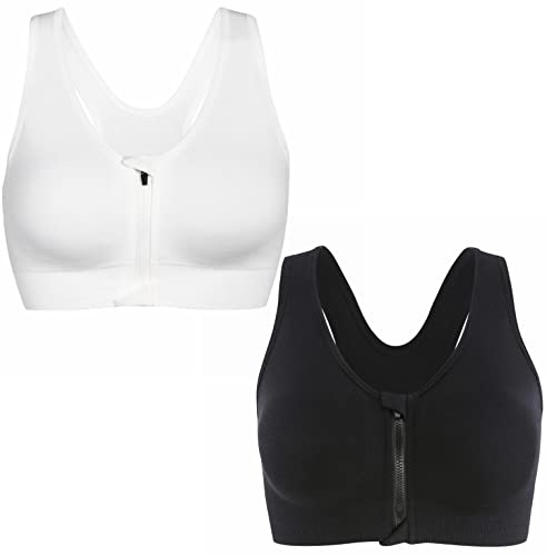 CLOUSPO Sports Bra Post Surgery Bra Zip Front Wireless with Removable Pads Yoga Bra for Workout Fitness(M,Black+White)