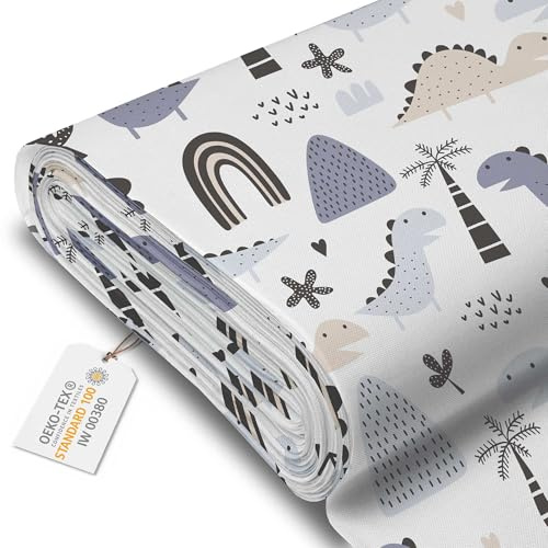 DreamRoots Markisenstoff Meterware, Pastel Kids Dinosaur, Laufmeter | Oxford Segeltuch wasserdicht, Polsterstoff, 220 g/m² 600D, 160 cm breit, Kinderstoff, für Deko & Nähen