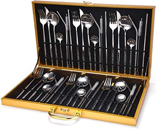 42 stücke Regenbogen Geschirr Set Gabel Löffel Messer Besteck Set 18/10 Edelstahl Abendessen Geschirr Set Urlaub Gold Holz Geschenkbox essgeschirr (Color : Brown)