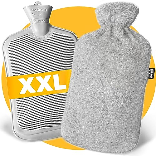 XXL Wärmflasche Groß 3,5 Liter mit Bezug - Grau und Weiches Fleece Wärmflaschenbezug - Wärmeflasche XL für Babys, Kinder und Erwachsene - Geschenk für Frauen Freundin