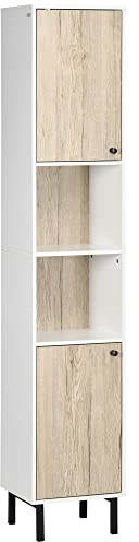 kleankin Armario Alto de Baño Columna Auxiliar de Baño con 2 Puertas y 6 Estantes para Ducha Aseo Dormitorio Estilo Moderno 31,5x30x169 cm Blanco y Roble