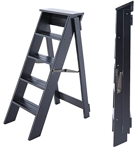 CHEMYO Sgabello a gradini Pieghevole Scala in Legno a 5 Livelli Design 3 in 1 con Sgabello a Scala e ripiano Multifunzione Scala Pieghevole in Legno Multifunzionale per Biblioteca Domestica Sgabel