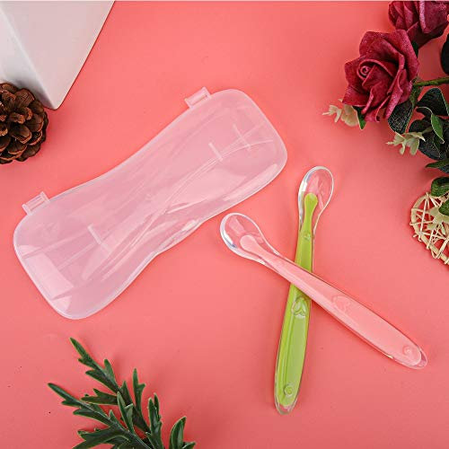 2-teiliges Set Silikon-Babylöffel, Weiche Spitzenlöffel Babys über 4 Monate mit Box, PandaEar Silikon-Baby-Entwöhnungslöffel, Säuglingsfütterungslöffel (grün+rosa)