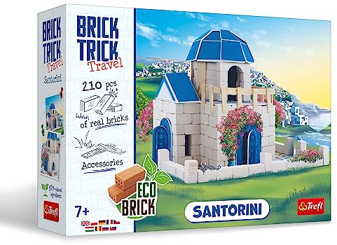 Brick Trick Trefl Travel: Santorini - Bauen mit Ziegelsteinen, Reisen, weiß getünchtes Haus, Griechenland, Stadt Oia, ÖKO Ziegelsteine, 210 Bausteine, Kreativ-Set für Kinder ab 7 Jahren