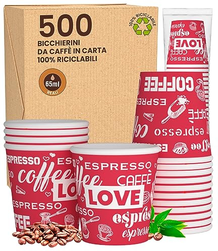 500 Bicchierini in Carta per caffè 65ml LoveRedCUP - Bicchieri Ecologici Biodegradabili Monouso Piccoli Asporto Bevande Calde