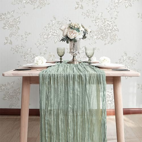 PAITOK Käsetuch Tischläufer, 90 * 300 cm Boho Gaze Stoff Tischdecke Rustikale Tischabdeckung Musselin Dekorationsstoff für Hochzeit, Baby Shower Party Tischdekoration（Hellgrün）