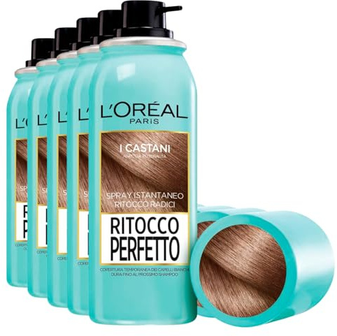 L'Oréal Paris Retuschierspray für braunes Haar, sofortige Korrektur gegen Nachwachsen, temporäre Abdeckung, weißes Haar von den Wurzeln, schnelle Trocknungsformel, 5 Flaschen à 75 ml
