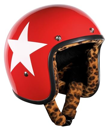 BANDIT Jet Star Open Motorcycle Helmet Red Gloss Leopard Liner Custom Biker Style Visor Included Red Gloss Star Leopard Liner Open Helmet STARR-L (XS)