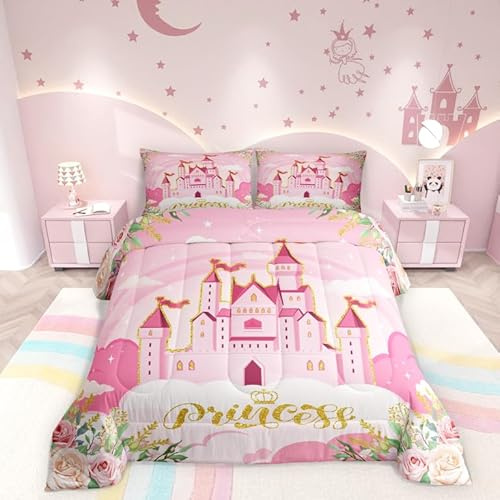 Manfei Kids Princess Comforter Set Bed in a Bag Twin Size 2 Piece Soft Cute Pink Princess Castle Girls Bedding Set (1 Comforter, 1 Pillowcase)