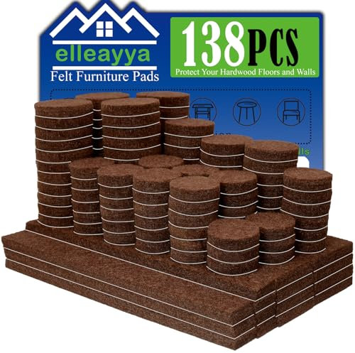 Super Sticky Felt Pads for Furniture Feet, Furniture Pads Floor Protectors (138PCS: Round 19/22/25mm & Rectangle 13/25/32mm, 5mm Thick, Brown) Minimise Chair Movement Noise and Protect Floors