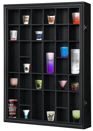 Odjaraye Shot Glass Display Case - 34 Shot Glass Holder Wall Rack Organizer Cabinet with Lock, UV Protection Acrylic Door and Removable Shelf, Black
