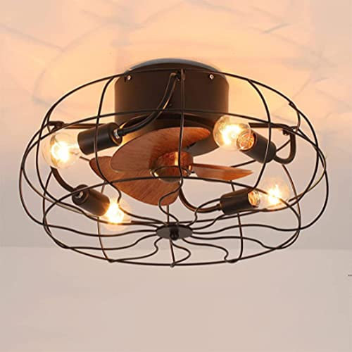 Caged Ceiling Fan With Light, 20'' Low Profile Ceiling Fan Lights With Remote, Fan Chandelier Adjustable Black Enclosed Farmhouse Industrial Flush Mount Ceiling Fan For Bedroom Interesting life ,