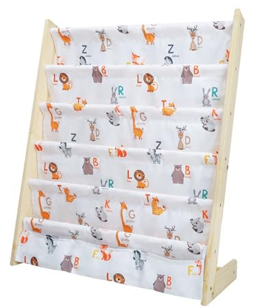 wooshwa Bücherregal Kinder für Kinderzimmer Kinderregal Regal kleines Bücherregal mit 5 Regale & 3 Tasche, Aufbewahrungsregal Bücher-Organizer aus Kiefer und Oxford-Stoff (Tieralphabet)