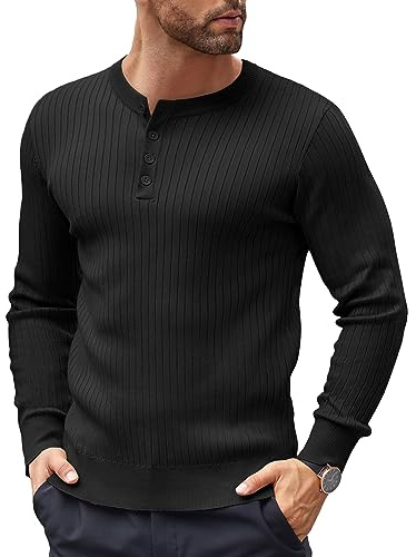 COOFANDY herrtröja Henley krage stickad tröja herr tröja med fjärdedelar knappar normal passform avslappnad tröja, svart, M