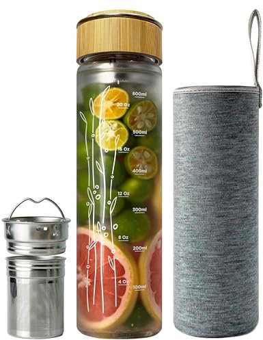 drinmoaer 650ml Trinkflasche Glas mit Bambus Deckel und Hülle für losen Tee, Teeflasche mit Sieb to go
