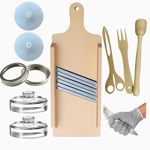 Cabbage Shredder & Fermentation Kit for Wide Mouth Mason Jars - Sauerkraut Making Kit, Pickle Kit, Kimchi Fermenting Kit - Fermentation Airlock Lids & Glass Weights, Sauerkraut Slicer & Pounder