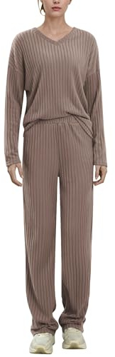 AGYMNX Schlafanzug Damen Lang Pyjama Set Baumwolle Lange �rmel Gestricktes Yoga-Sets mit V-Ausschnitt 2 St�ck Slim Fit Gem�tliche Nachtw�schee mit Taschen Sportanzug Trainingsanzug Dunkelkhaki L