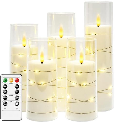 salipt LED Kerzen im Glas, Flammenlose Kerzen mit Fernbedienung, Beweglicher Flamme, Elektrische Kerzen mit Lichterkette, 5er-Set Kerze mit Timer, D 5.8 cm, H 12.7 15.3 17.8 20.3 cm - Weiß