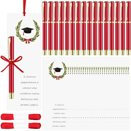 Clabby Set Regalo di Laurea Segnaposto Laurea 30 Pezzi Segnalibro con Citazione Cappello 30 Pezzi Penna Gel Rossa e 1 Rotolo di Nastro Rosso