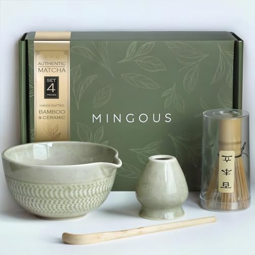 Matcha Tea Set With Ceramic Bowl Spout Bamboo Whisk Scoop Whisk Holder Premium Japanese Ceremony Kit for Tea Lovers Gift Set (Green)