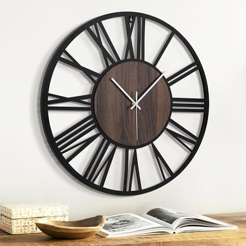 Jassurance 24IN Large Wall Clocks Battery Operated Black, Silent Wooden Metal Wall Clock for Living Room Decor, Kitchen Decorative Wall Clock Modern (Dark Wood, Roman-24IN)