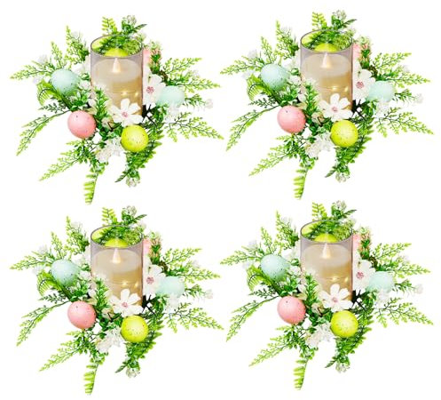 Osterdeko Kerzenringe, 4 Stück Osterkranz Kerzenkranz Künstlicher Ostern Kerzenring mit Ostereier Frühlingskranz Kerzengirlande Haustür Eiergirlande Ostergirlande für Ostern Tischdeko Party Deko (B)