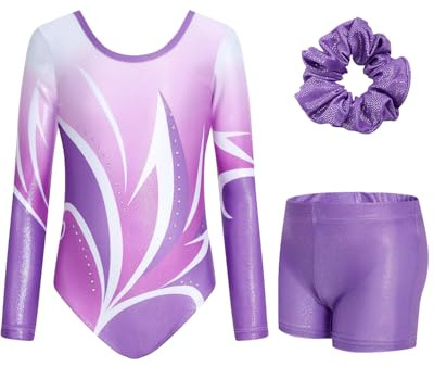 JiAmy Conjunto de Leotardo para Niñas, Conjunto de Traje de Gimnasia, Traje de Gimnasia con Pantalones Cortos y Diadema para Niñas de 3-12 Años, 9-10 años