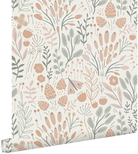 papier peint feuilles et fleurs bleu clair et terracotta 50 x 900 cm - ESTAhome