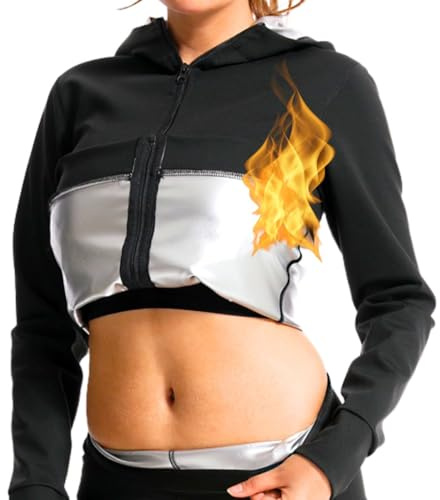 Nano Hertz Sauna Chaqueta Top Mangas Largas Adelgazante Adelgazante Sudoración Pérdida Peso Deportivos Chándal Sudar Capucha Bolsillos Gimnasio Fitness Mujer, Negro , M