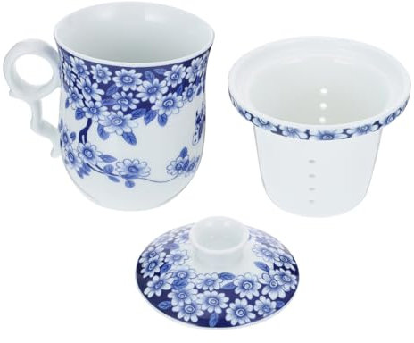 BEBEMOKO Taza de té clásica de porcelana azul y blanca vintage con tapa de filtro, taza de agua para uso en la oficina, elegante diseño floral