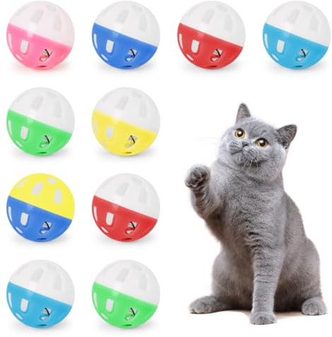 10 Pelotas con Cascabeles para Gatos, Juguetes para Gatos, Pelota Interactiva para Gatos, Juguetes de Persecución para Gatitos, Cat Toys, Bola de Plástico, 3.8cm de Diámetro, Colores Aleatorios.